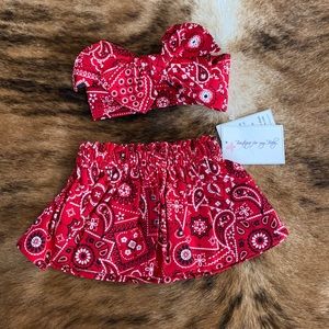 NWT Boutique Baby Girl Outfit, Red Bandana Skirt with Matching Headband